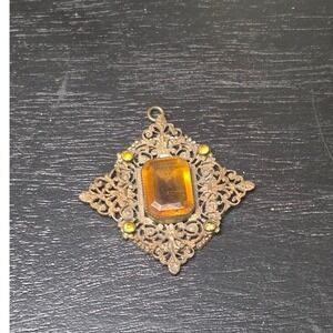 Vintage Brass Filigree Amber Glass Pendant Art Deco Victorian Style Jewelry
